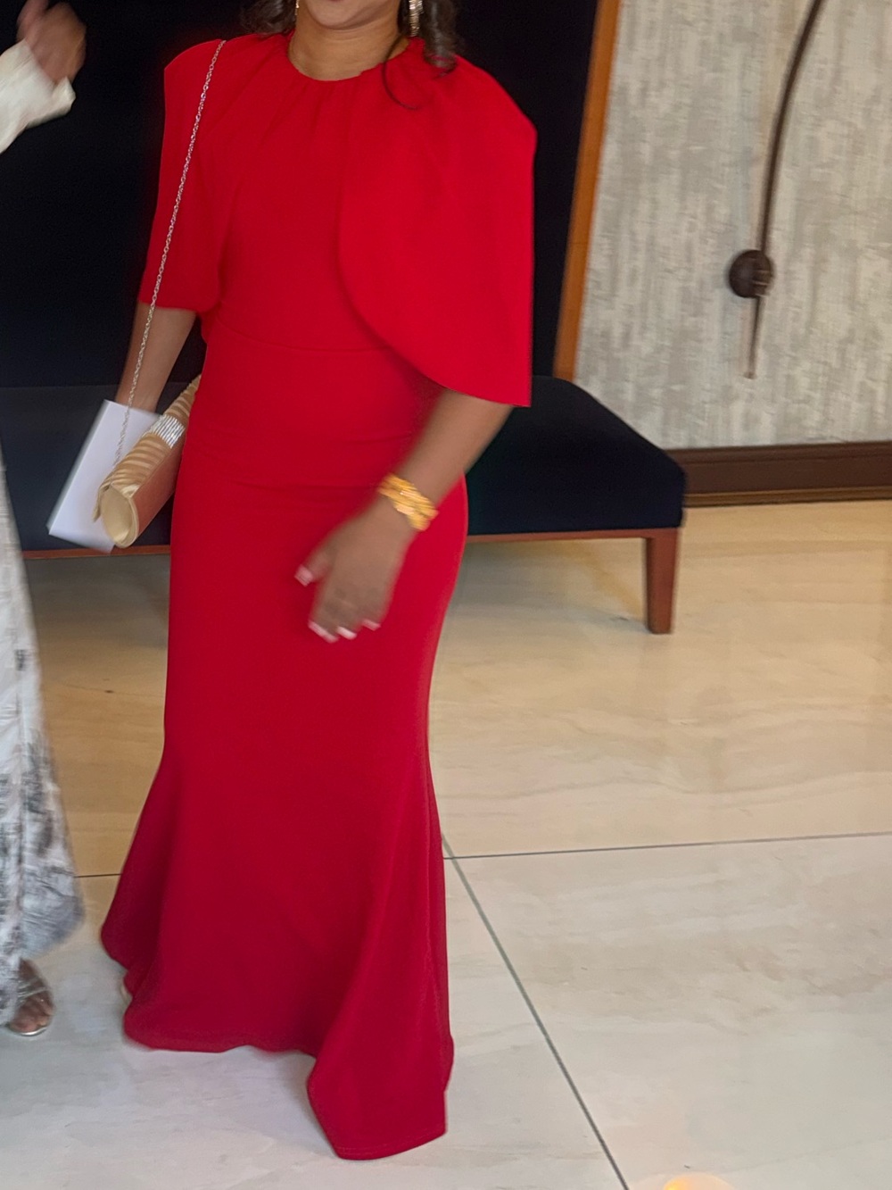 Elegant Red Cape-Sleeve Maxi Dress for Women